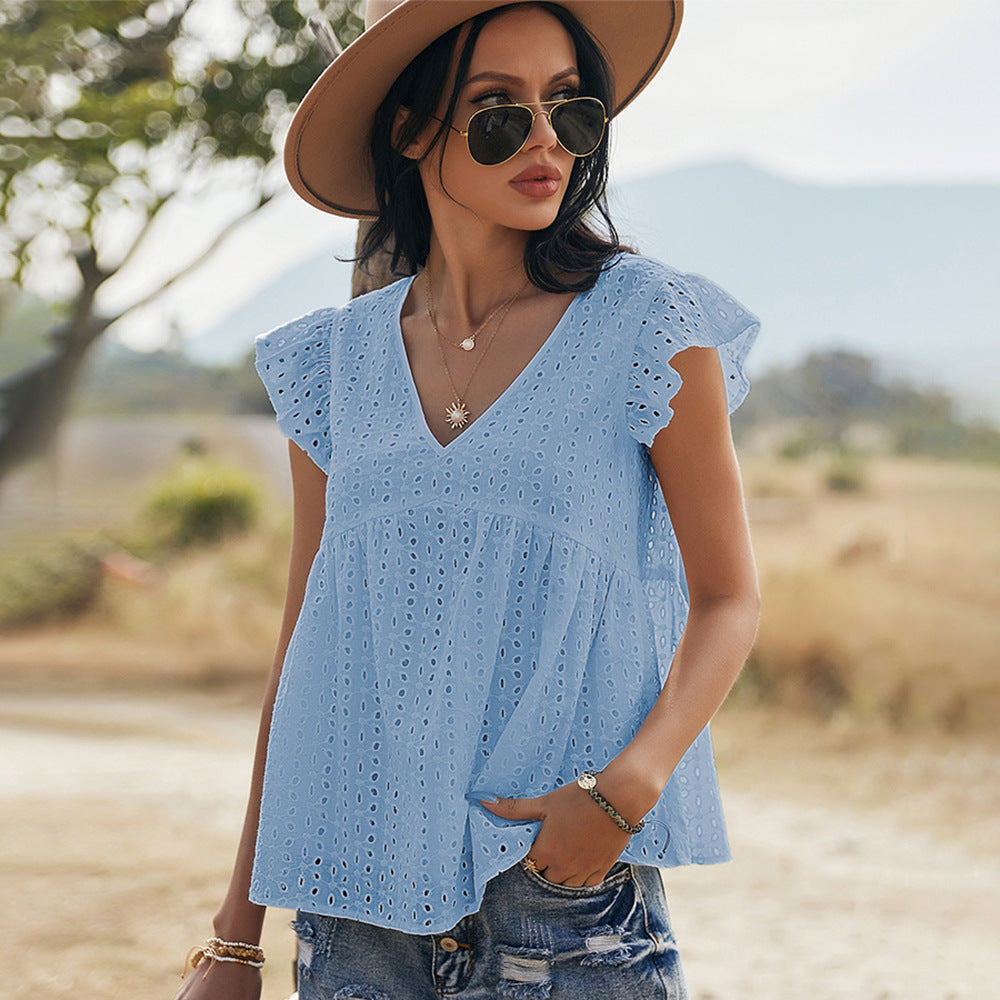 Katoenen Blouse – Geborduurd Ontwerp & Vliegende Mouwen