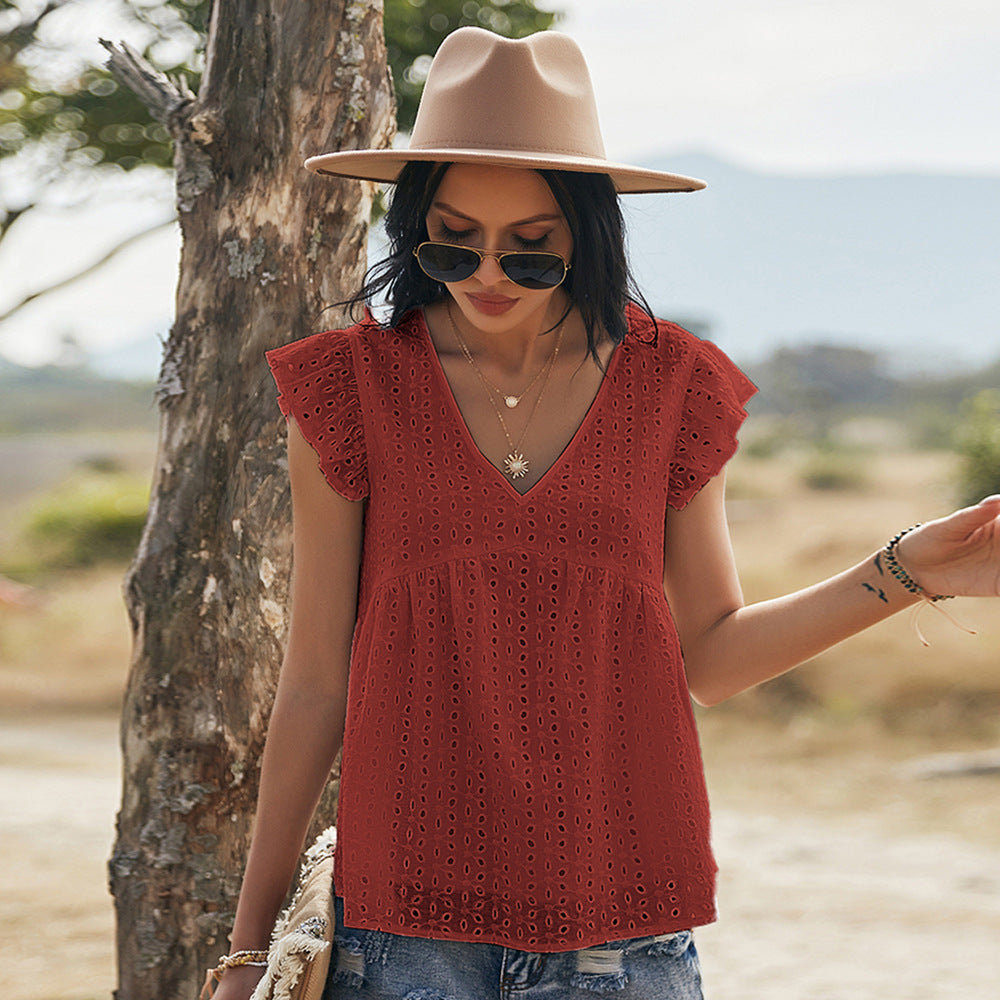 Katoenen Blouse – Geborduurd Ontwerp & Vliegende Mouwen
