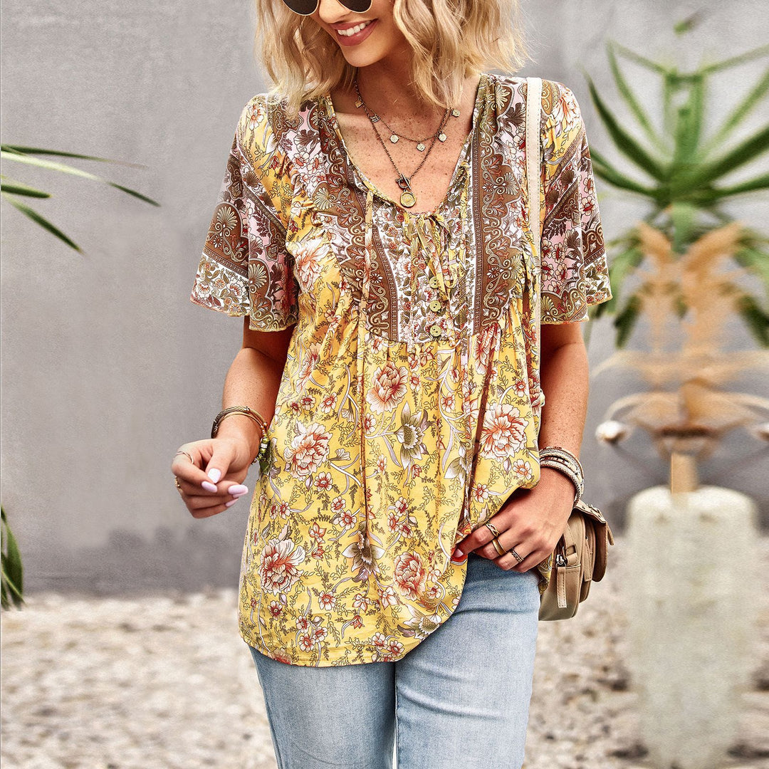 Katoenmix Blouse – Ruches Bladmouwen en Makkelijk Bewegen