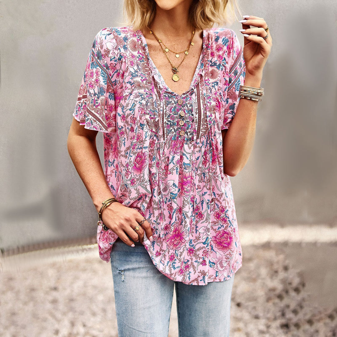 Katoenmix Blouse – Ruches Bladmouwen en Makkelijk Bewegen