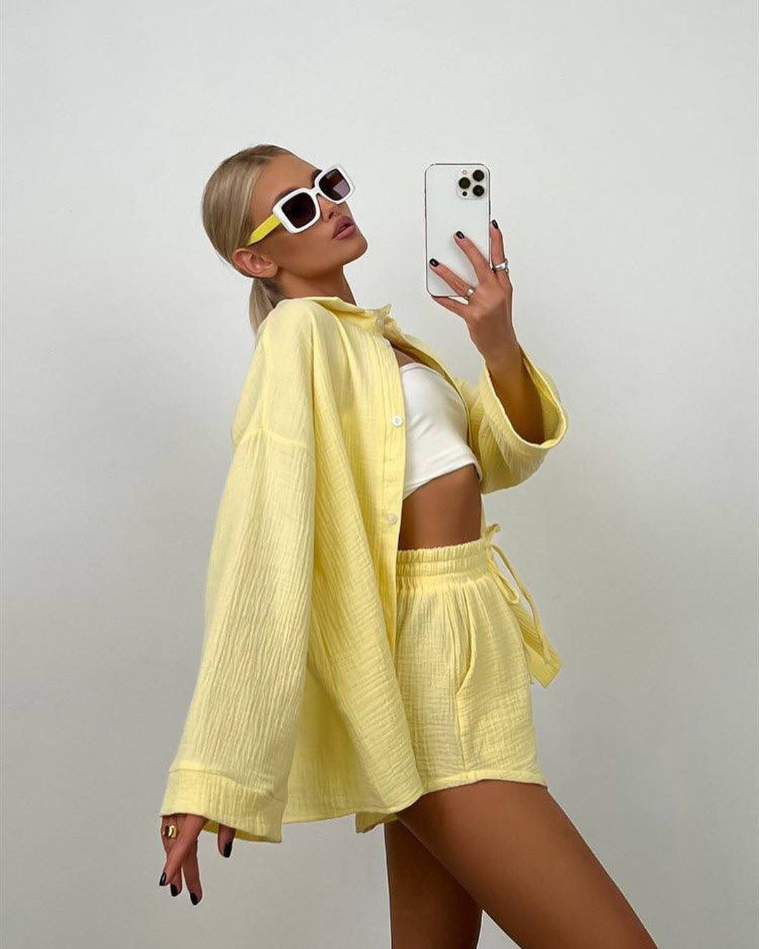 Katoenmix Blouse en Shorts Set – Lange Mouwen & Ventilerende Stof