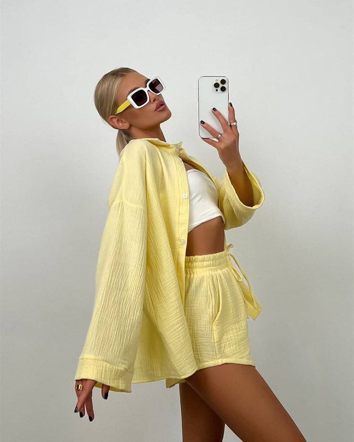 Katoenmix Blouse en Shorts Set – Lange Mouwen & Ventilerende Stof