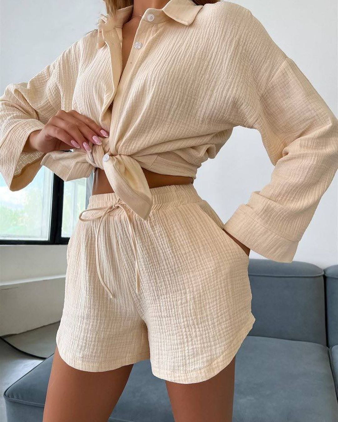 Katoenmix Blouse en Shorts Set – Lange Mouwen & Ventilerende Stof