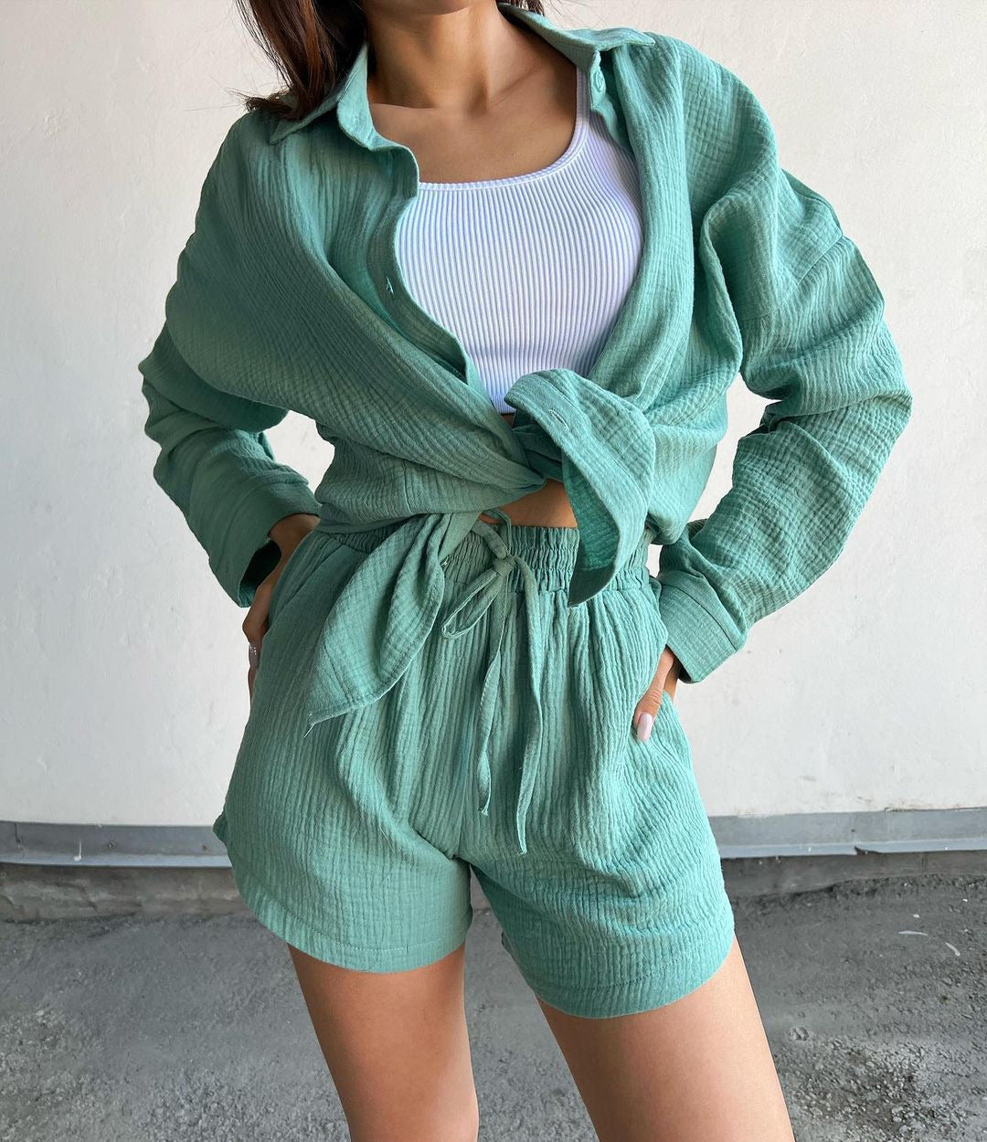 Katoenmix Blouse en Shorts Set – Lange Mouwen & Ventilerende Stof