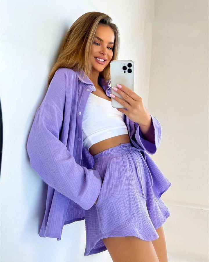 Katoenmix Blouse en Shorts Set – Lange Mouwen & Ventilerende Stof