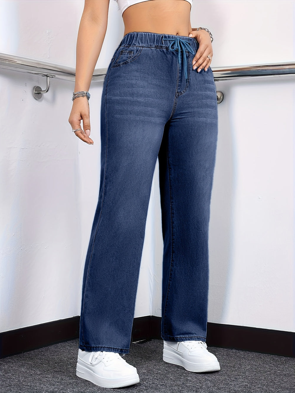 Katoenmix Jeans – Gewassen Rechte Pijp & Elastische Taille