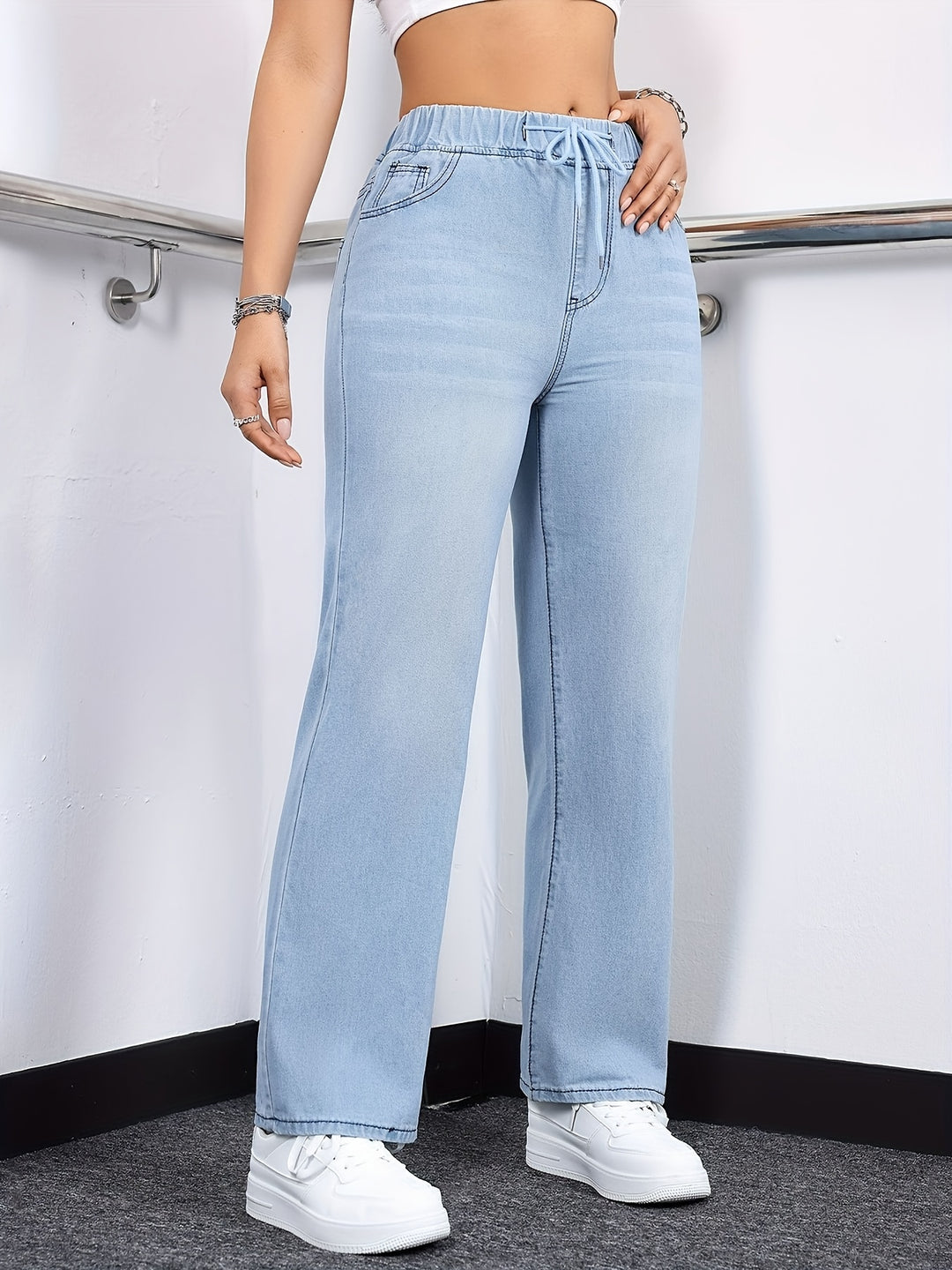 Katoenmix Jeans – Gewassen Rechte Pijp & Elastische Taille