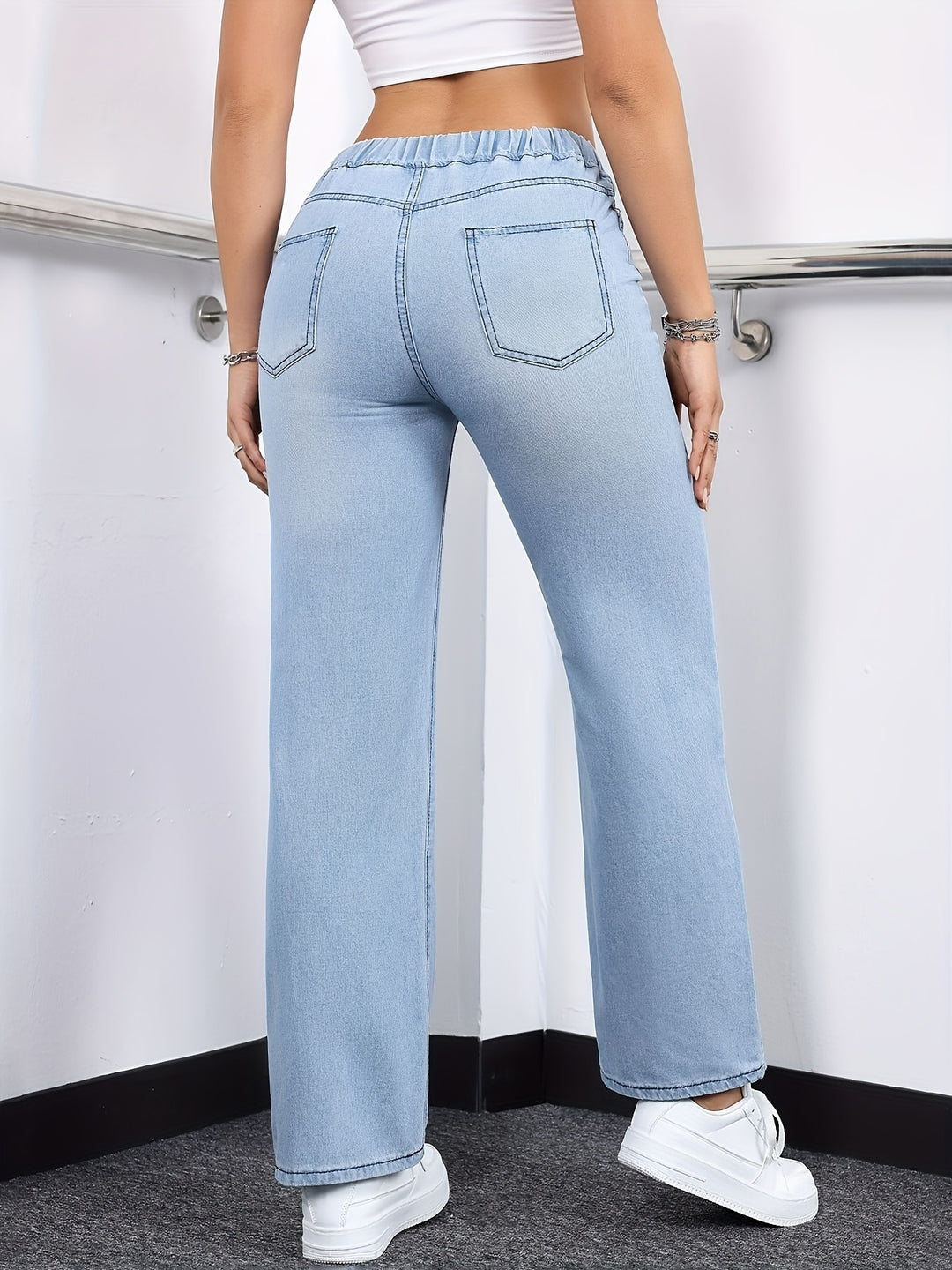 Katoenmix Jeans – Gewassen Rechte Pijp & Elastische Taille