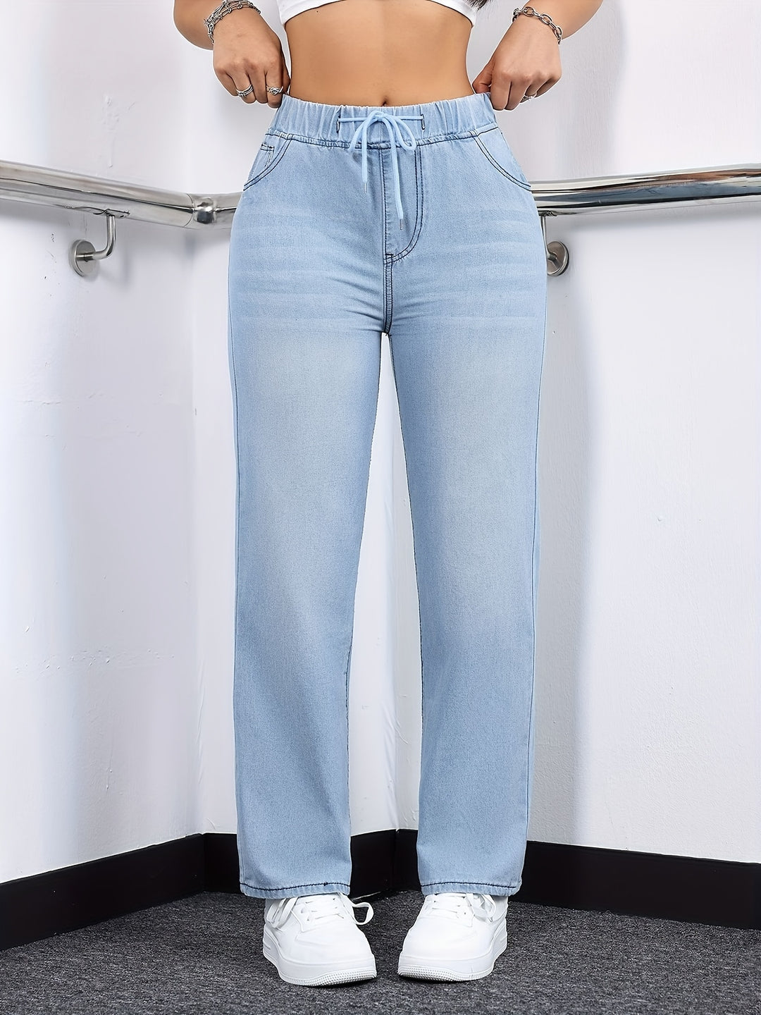 Katoenmix Jeans – Gewassen Rechte Pijp & Elastische Taille