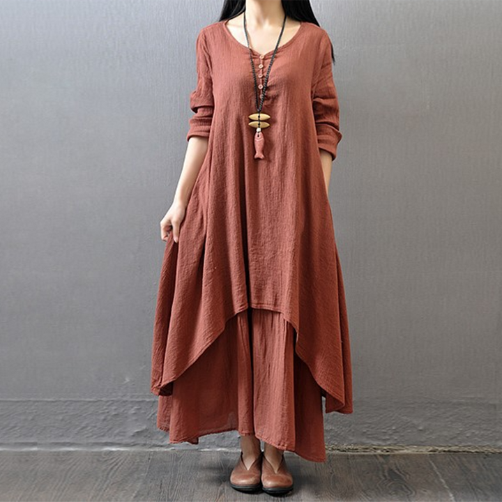 Katoenmix Maxi Jurk - Asymmetrische Zoom & Knopdetail
