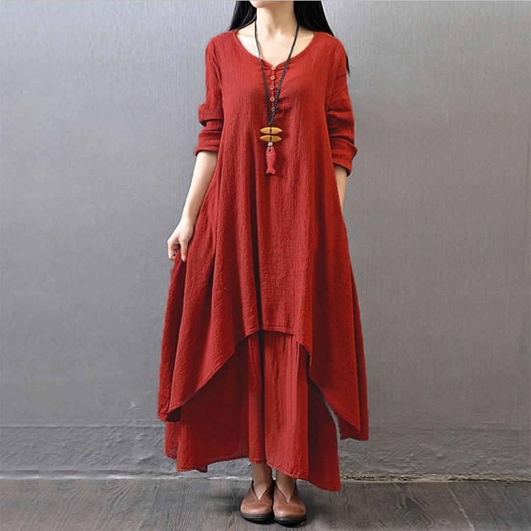 Katoenmix Maxi Jurk - Asymmetrische Zoom & Knopdetail