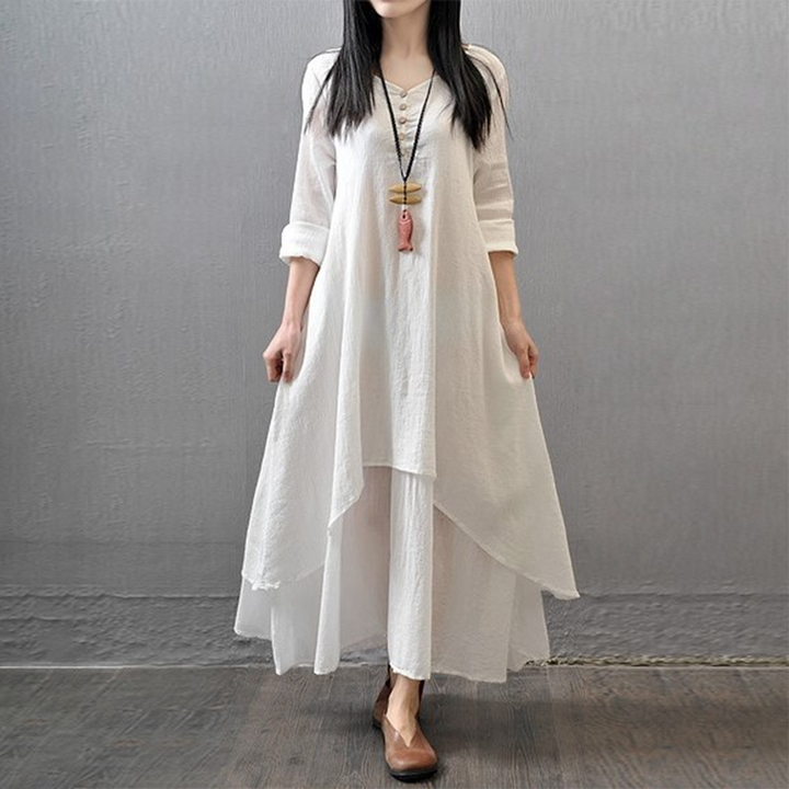 Katoenmix Maxi Jurk - Asymmetrische Zoom & Knopdetail