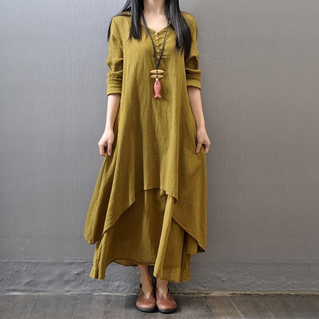 Katoenmix Maxi Jurk - Asymmetrische Zoom & Knopdetail