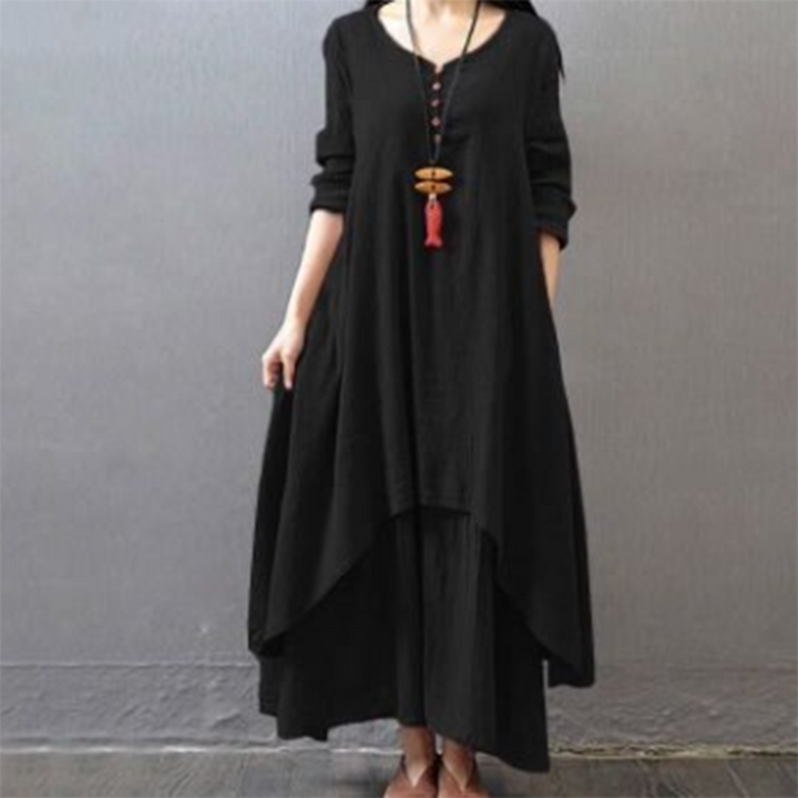 Katoenmix Maxi Jurk - Asymmetrische Zoom & Knopdetail