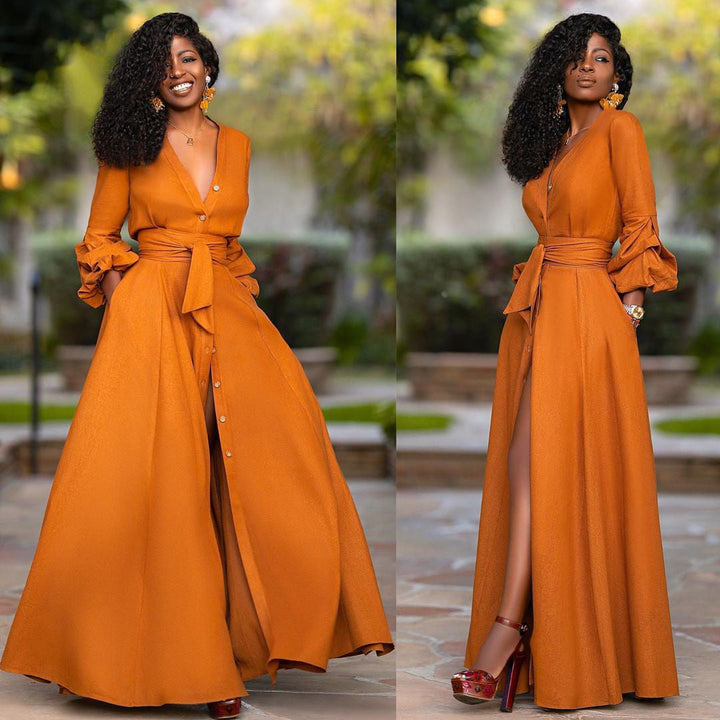 Katoenmix Maxi Jurk - Knopsluiting & Strik Taille