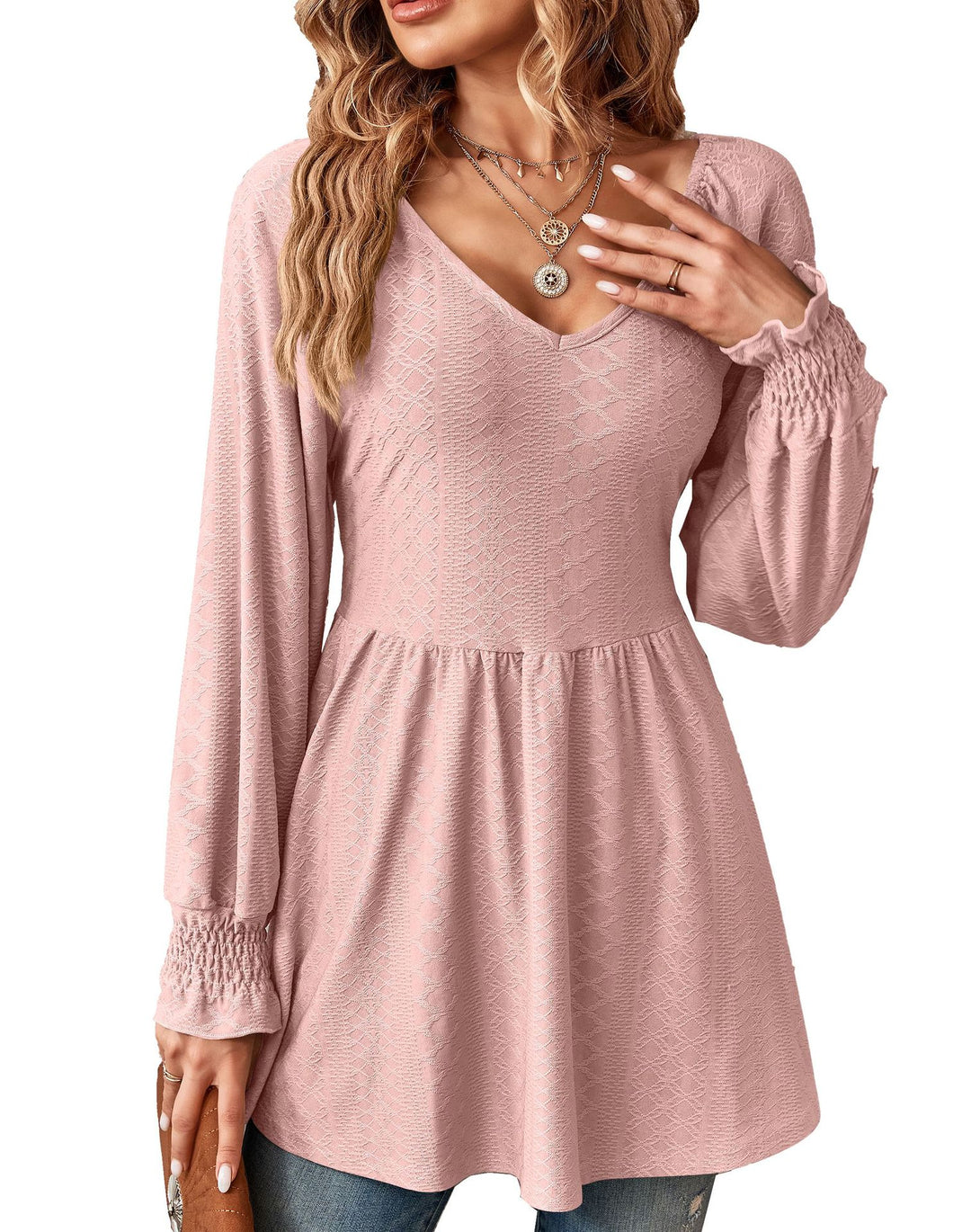 Katoenmix T-Shirt – V-Hals Jacquard & Getailleerde Vorm