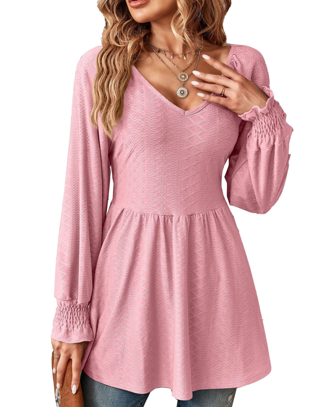 Katoenmix T-Shirt – V-Hals Jacquard & Getailleerde Vorm