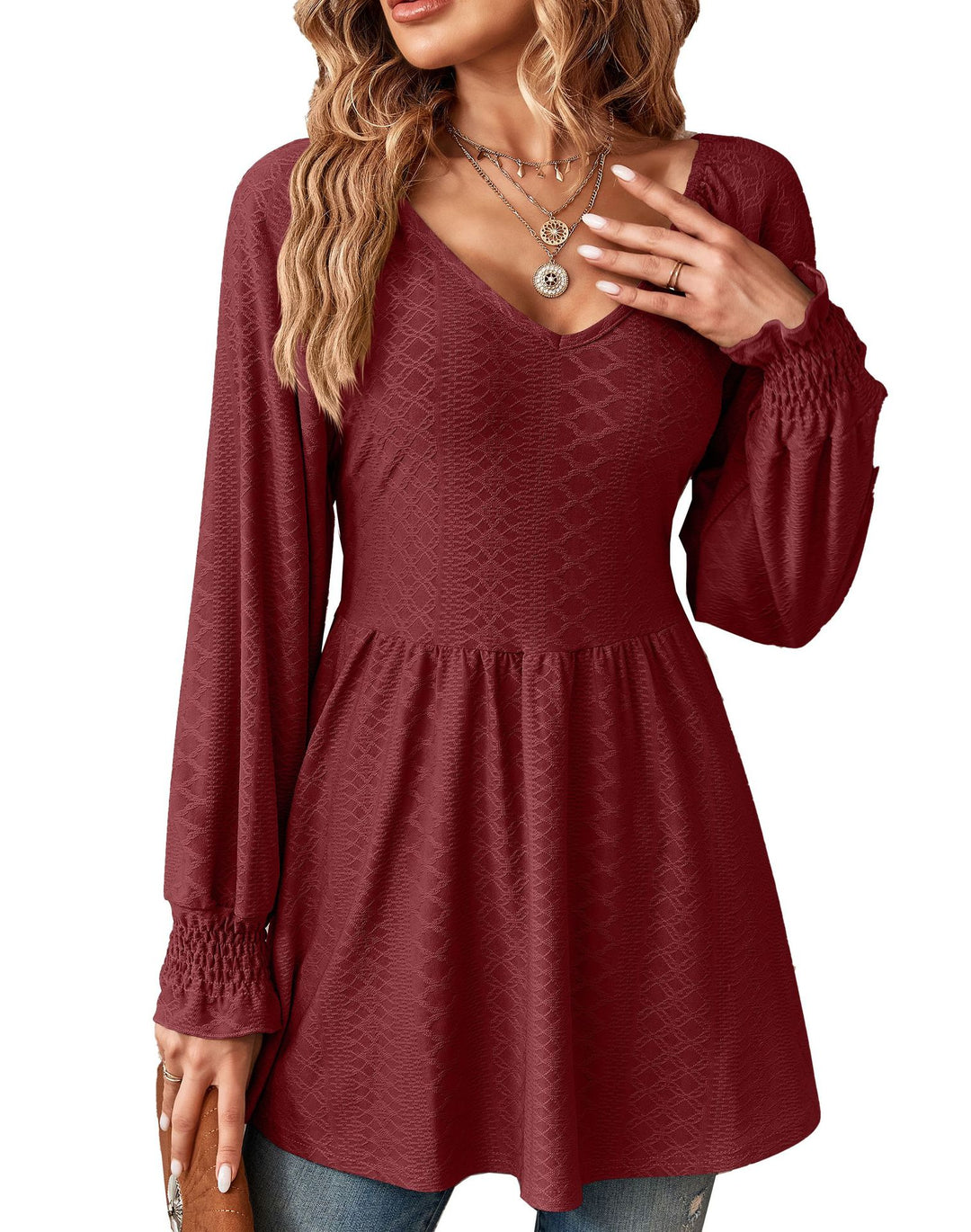 Katoenmix T-Shirt – V-Hals Jacquard & Getailleerde Vorm