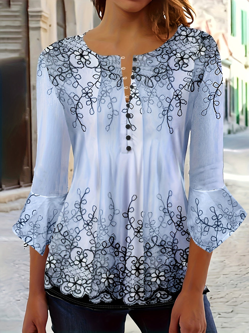Knopen Bloemenprint Blouse - Rimpel Halve Mouwen & Casual Fit