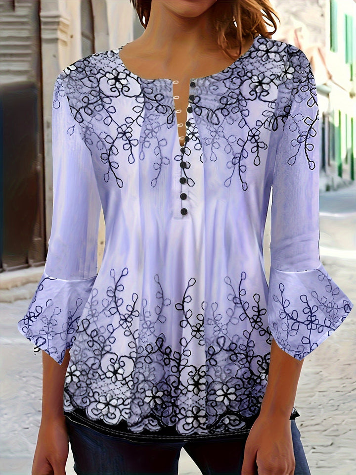 Knopen Bloemenprint Blouse - Rimpel Halve Mouwen & Casual Fit