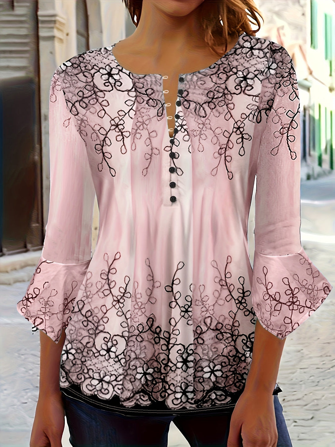 Knopen Bloemenprint Blouse - Rimpel Halve Mouwen & Casual Fit