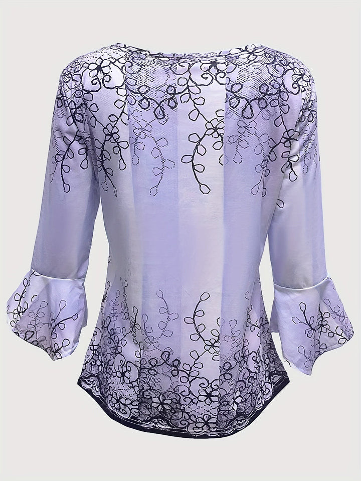 Knopen Bloemenprint Blouse - Rimpel Halve Mouwen & Casual Fit