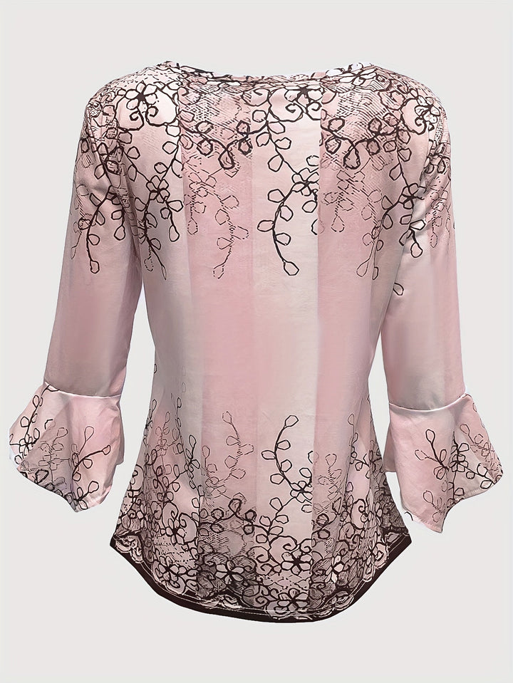 Knopen Bloemenprint Blouse - Rimpel Halve Mouwen & Casual Fit