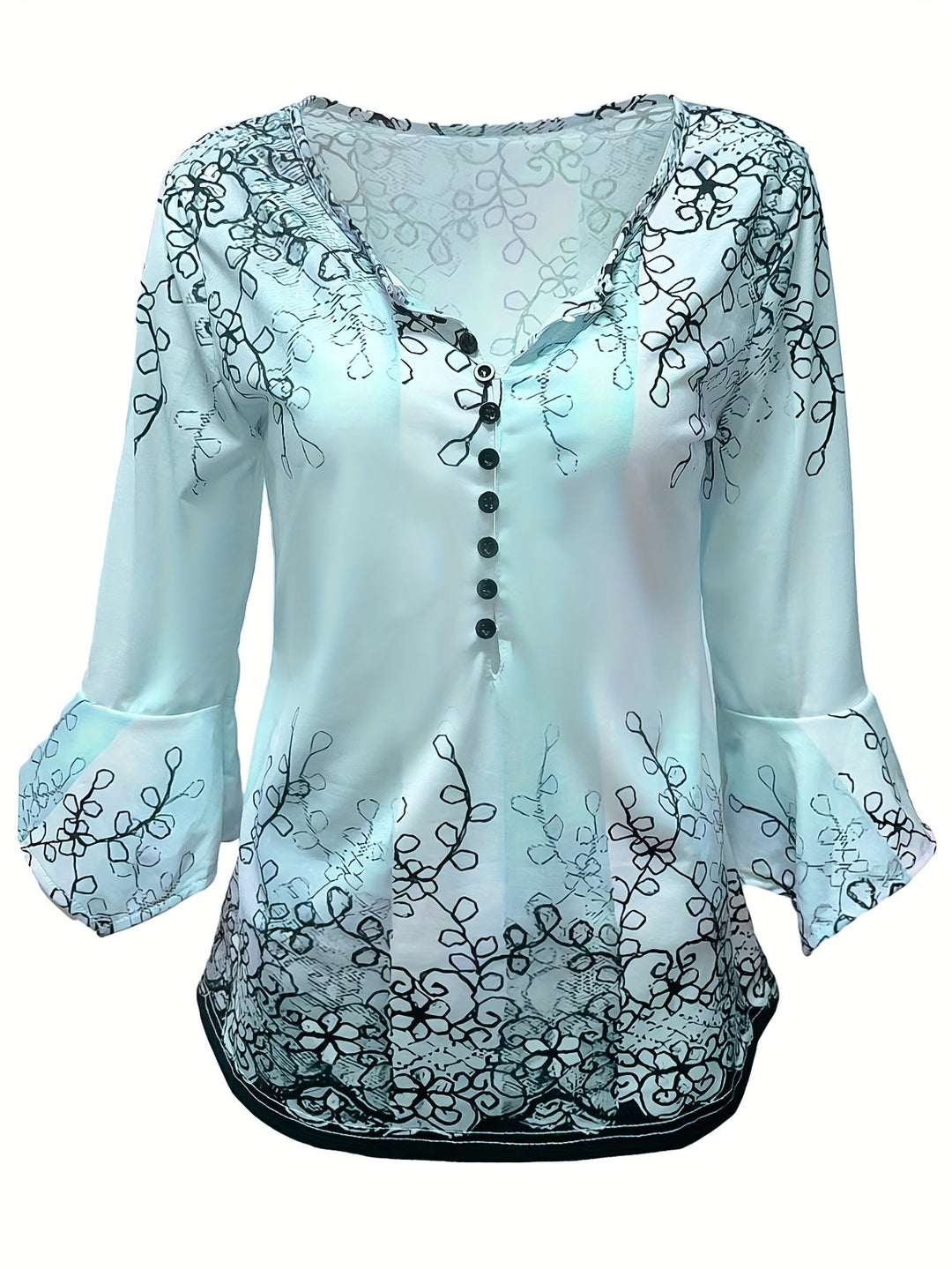 Knopen Bloemenprint Blouse - Rimpel Halve Mouwen & Casual Fit