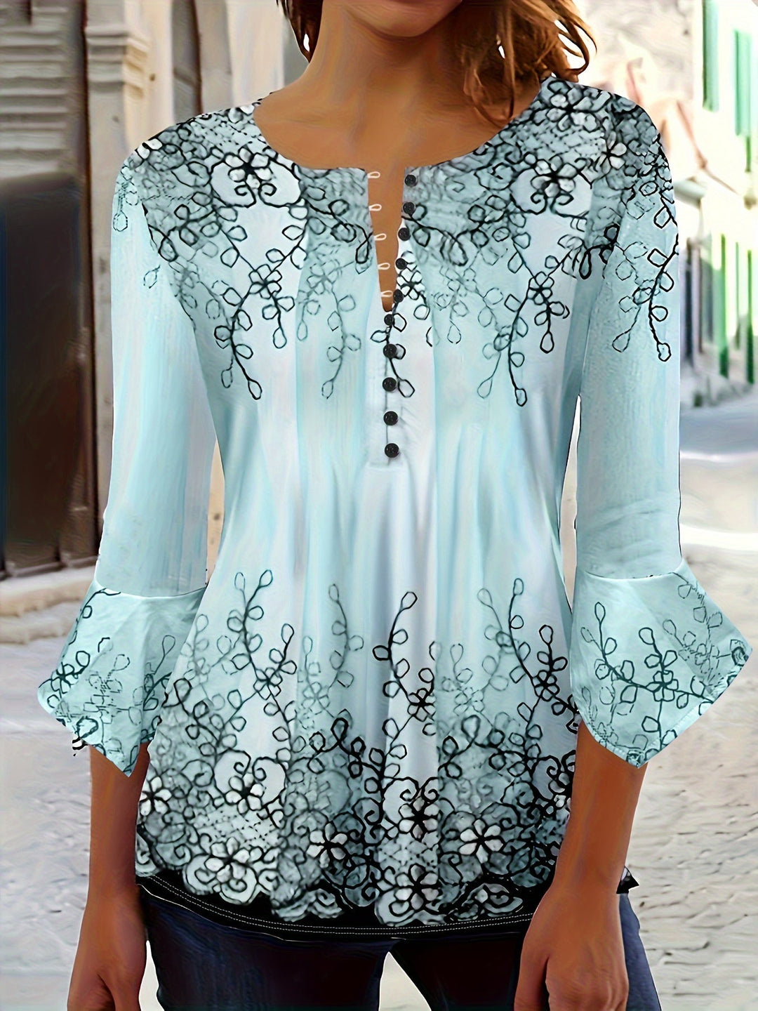 Knopen Bloemenprint Blouse - Rimpel Halve Mouwen & Casual Fit