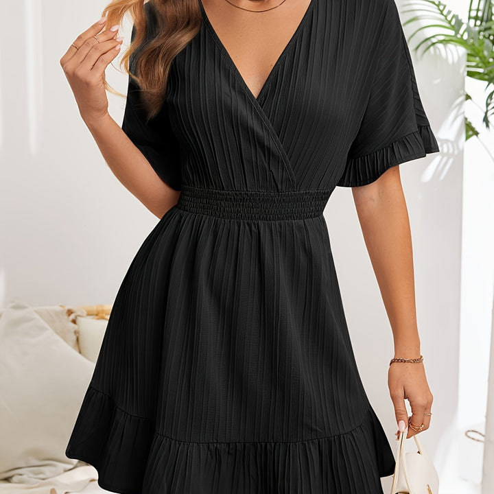 Korte Jurk – V-Hals Ontwerp & Geruite Taille