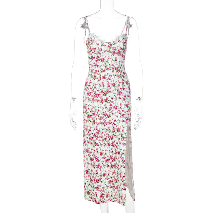 Lange Jurk Met Kanten Bloemenprint - Split Ontwerp & Ademend Materiaal
