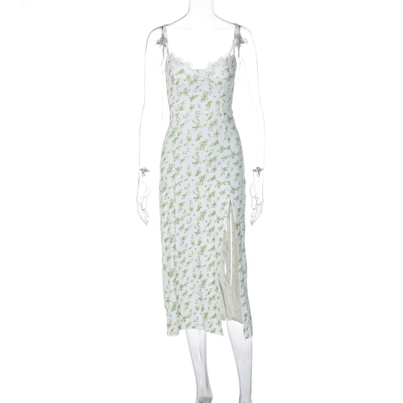 Lange Jurk Met Kanten Bloemenprint - Split Ontwerp & Ademend Materiaal