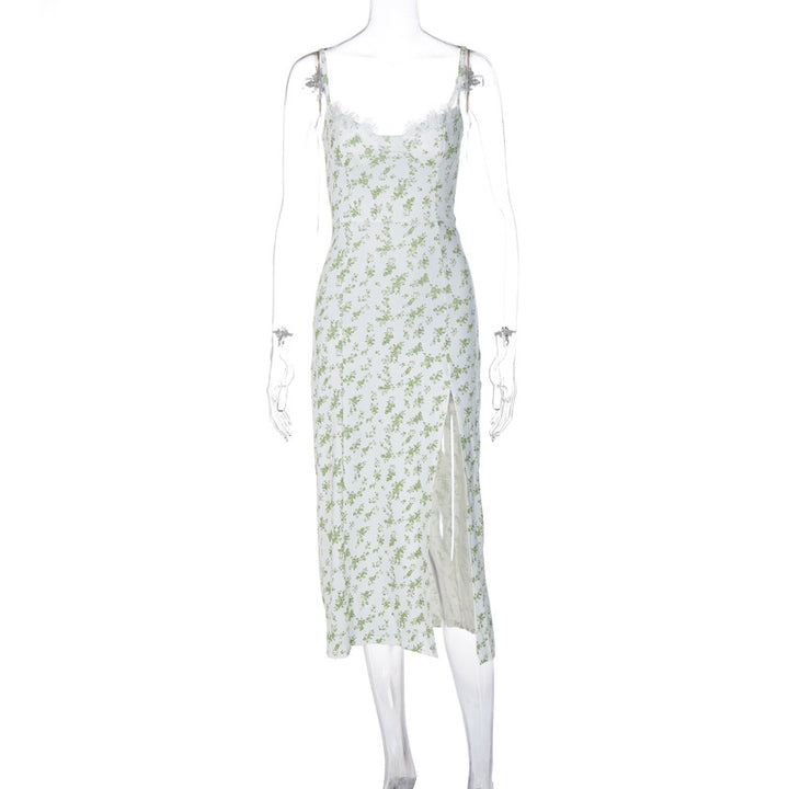 Lange Jurk Met Kanten Bloemenprint - Split Ontwerp & Ademend Materiaal