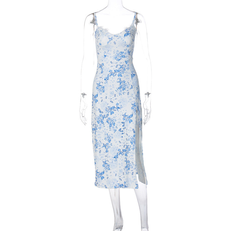 Lange Jurk Met Kanten Bloemenprint - Split Ontwerp & Ademend Materiaal