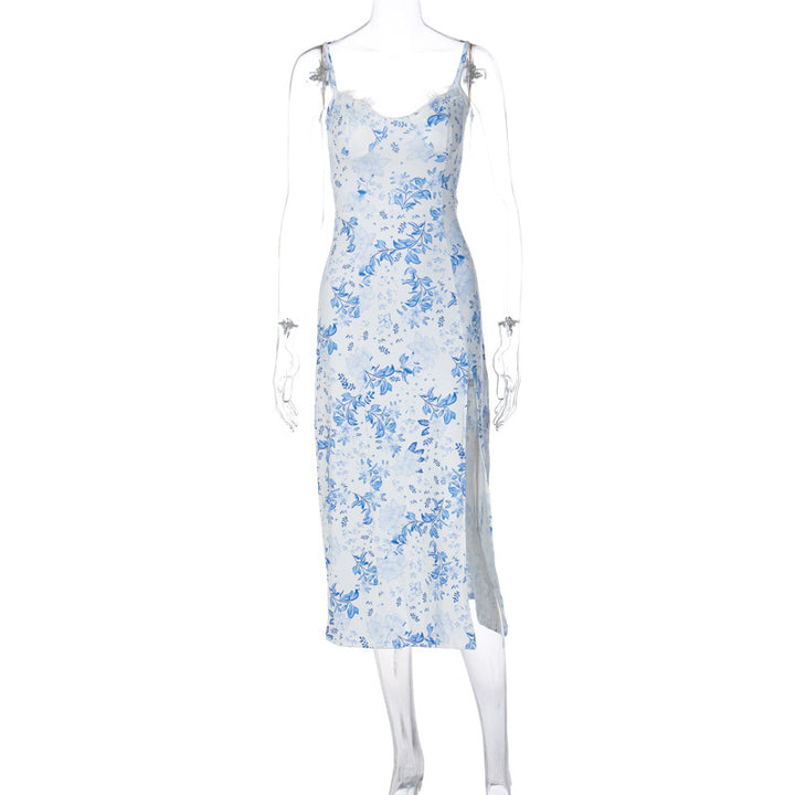 Lange Jurk Met Kanten Bloemenprint - Split Ontwerp & Ademend Materiaal
