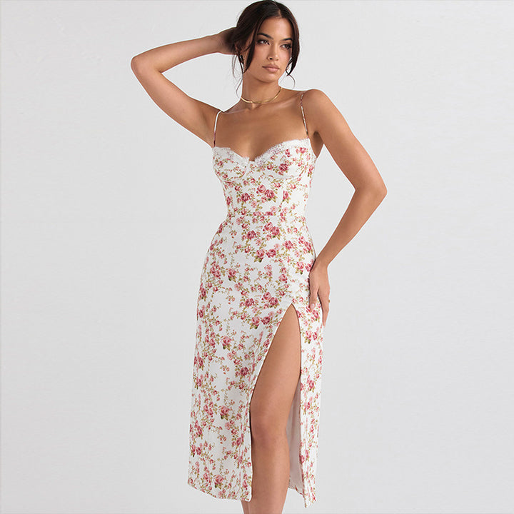 Lange Jurk Met Kanten Bloemenprint - Split Ontwerp & Ademend Materiaal