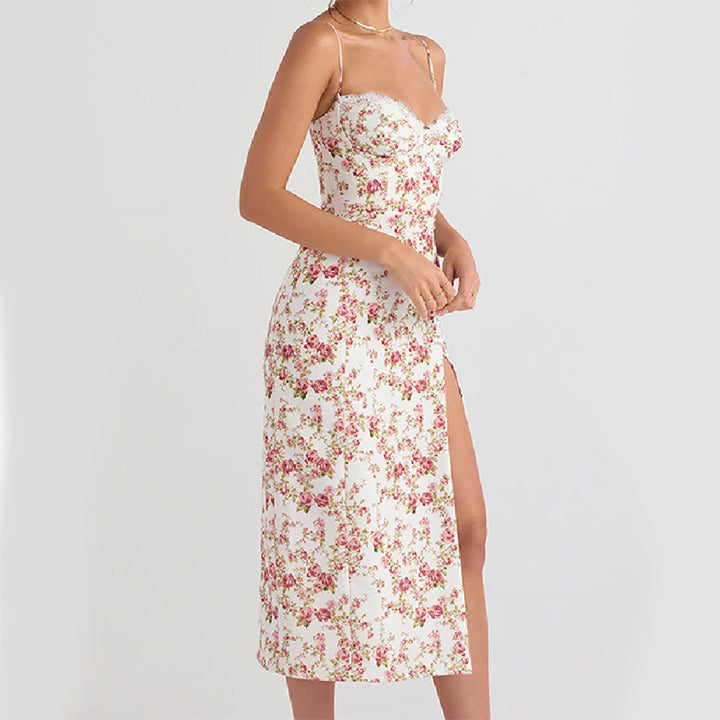 Lange Jurk Met Kanten Bloemenprint - Split Ontwerp & Ademend Materiaal