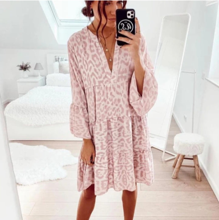 Leopard Print V-Hals Laagjes Jurk - Grote Swing Rok & Trompet Mouwen