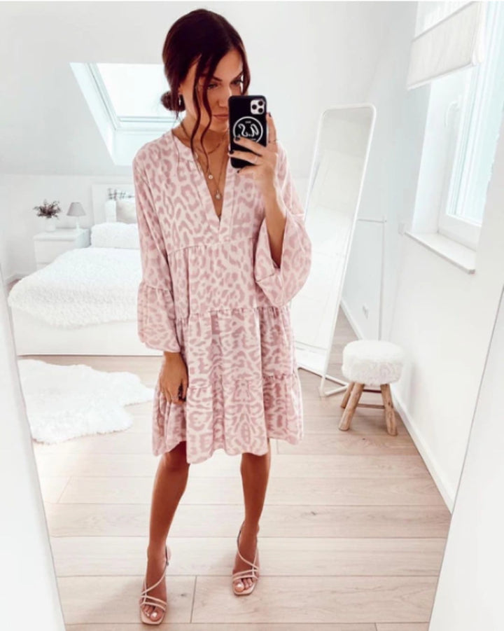 Leopard Print V-Hals Laagjes Jurk - Grote Swing Rok & Trompet Mouwen