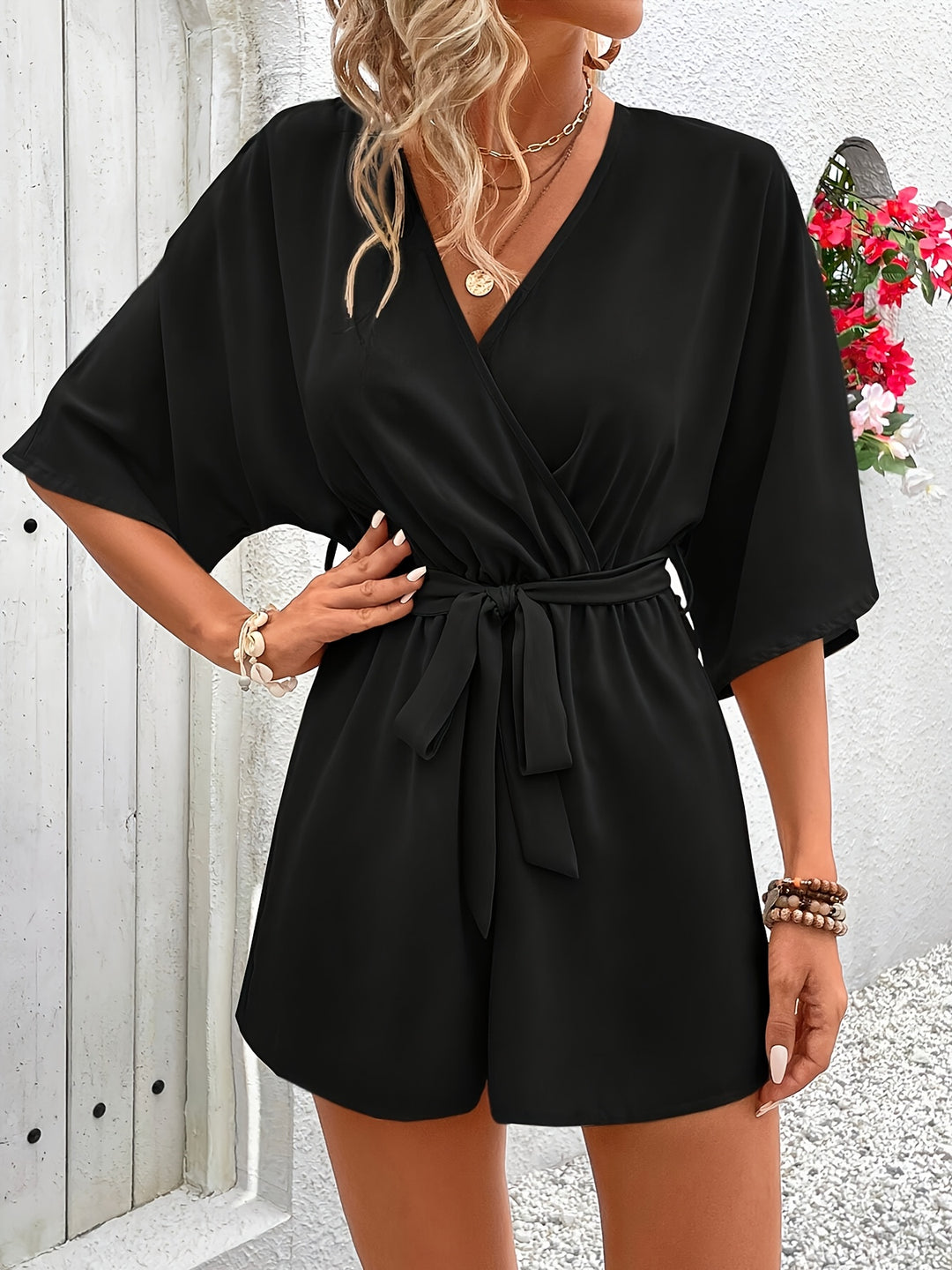 Lichtgewicht V-Hals Jumpsuit – Verstelbare Taille & Zachte Stof