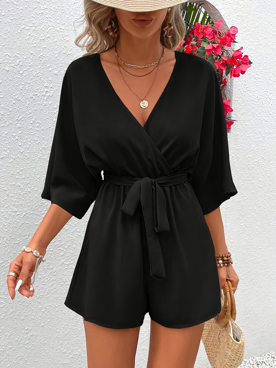 Lichtgewicht V-Hals Jumpsuit – Verstelbare Taille & Zachte Stof