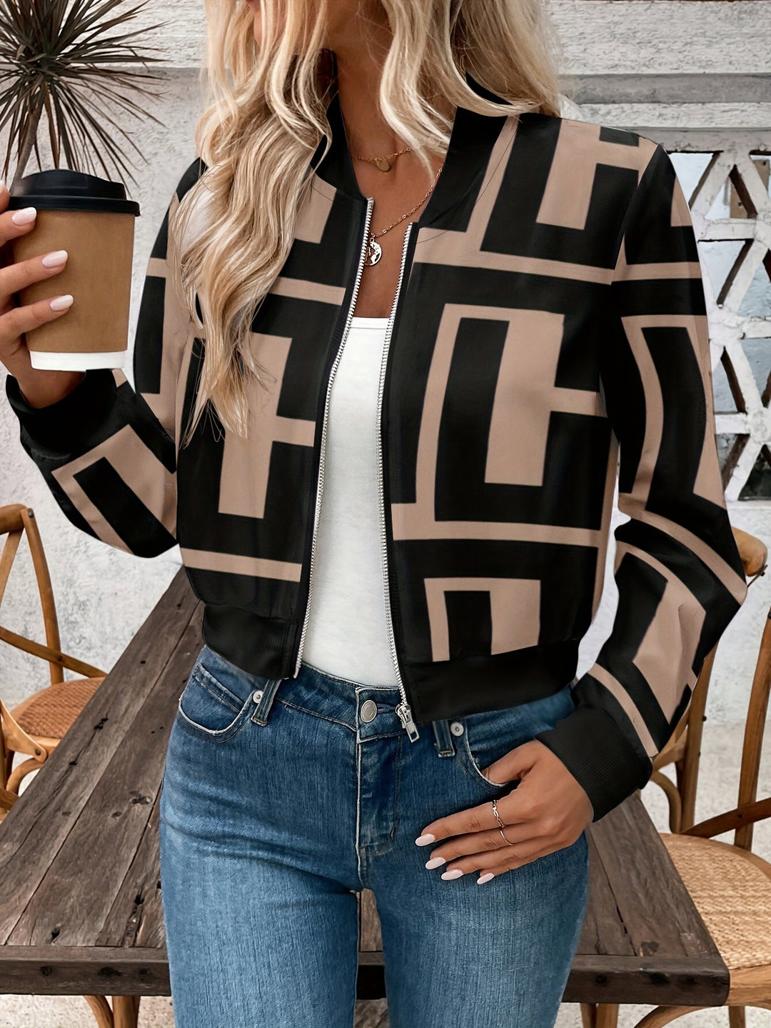 Lichtgewicht bomberjack met geometrische print - Zip-Up & Machinewasbaar