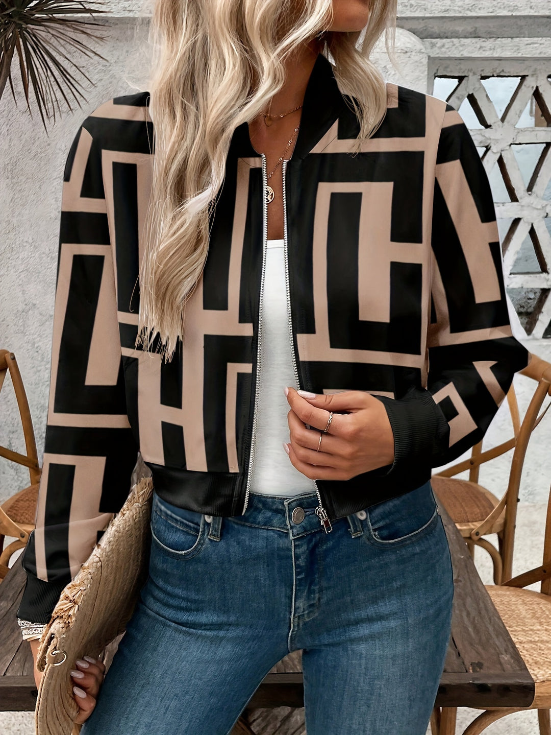 Lichtgewicht bomberjack met geometrische print - Zip-Up & Machinewasbaar