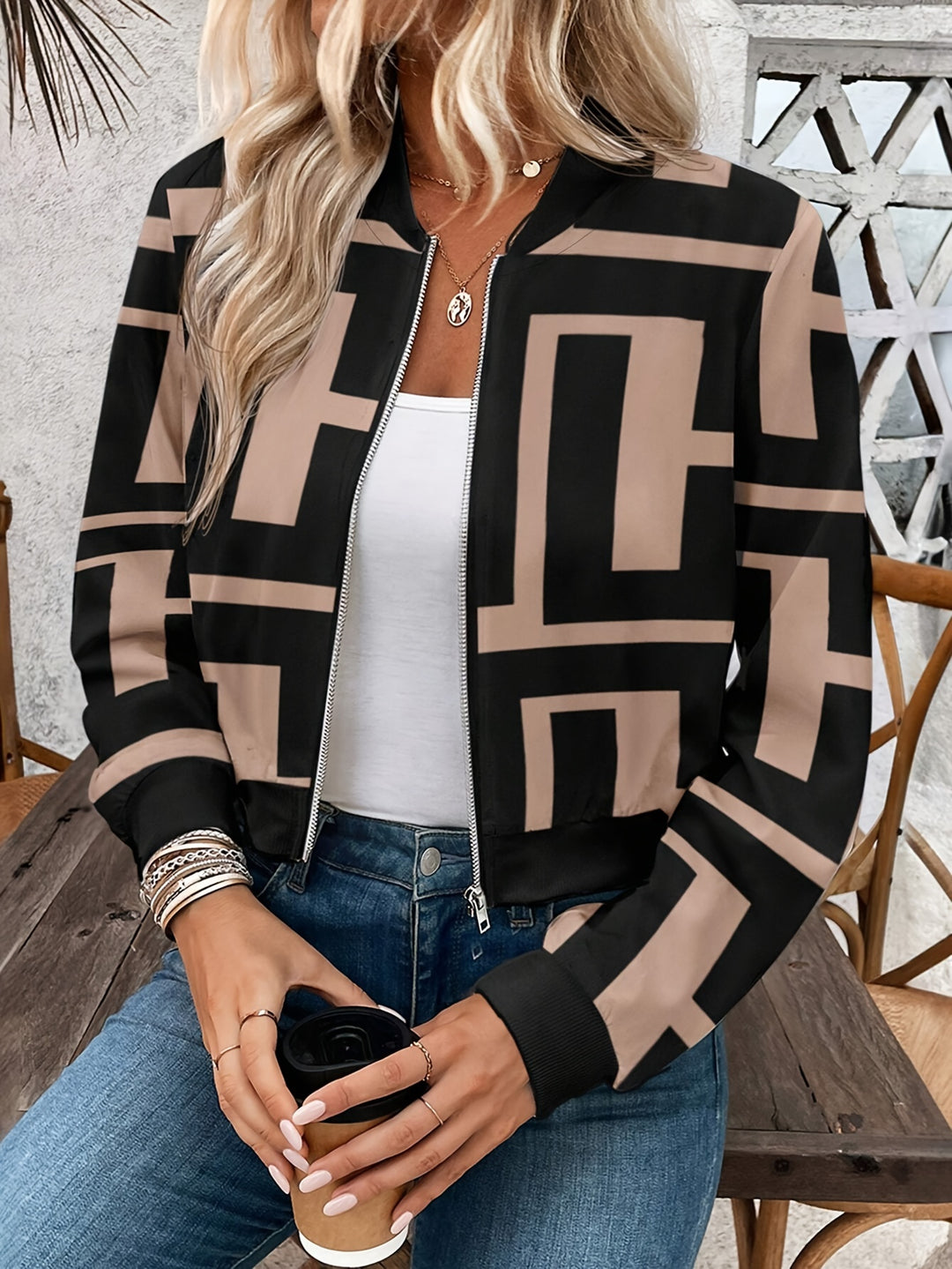 Lichtgewicht bomberjack met geometrische print - Zip-Up & Machinewasbaar