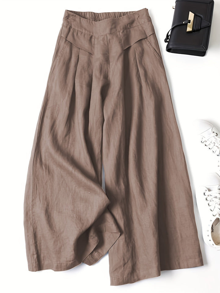 Linen Blend Trousers - Wide Legs & Elastic Waistband