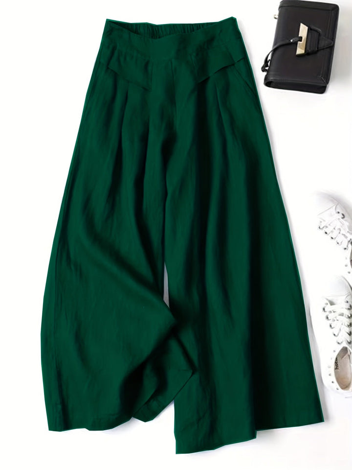 Linen Blend Trousers - Wide Legs & Elastic Waistband