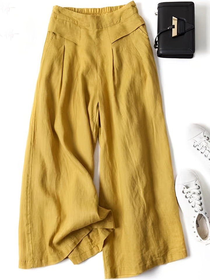 Linen Blend Trousers - Wide Legs & Elastic Waistband