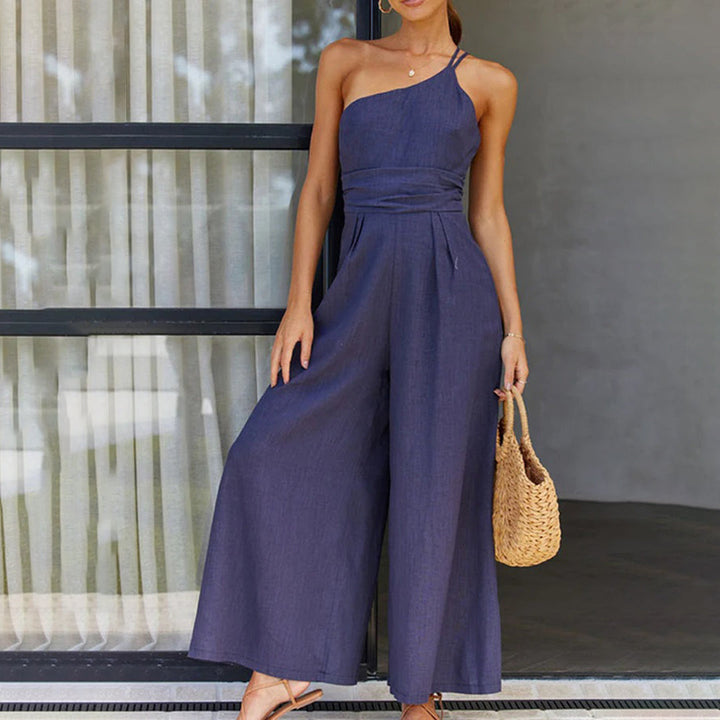 Linnenmix Jumpsuit - One-Shoulder Ontwerp & Wijde Been Silhouet