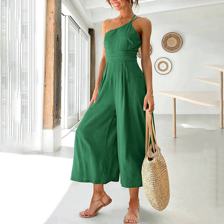 Linnenmix Jumpsuit - One-Shoulder Ontwerp & Wijde Been Silhouet