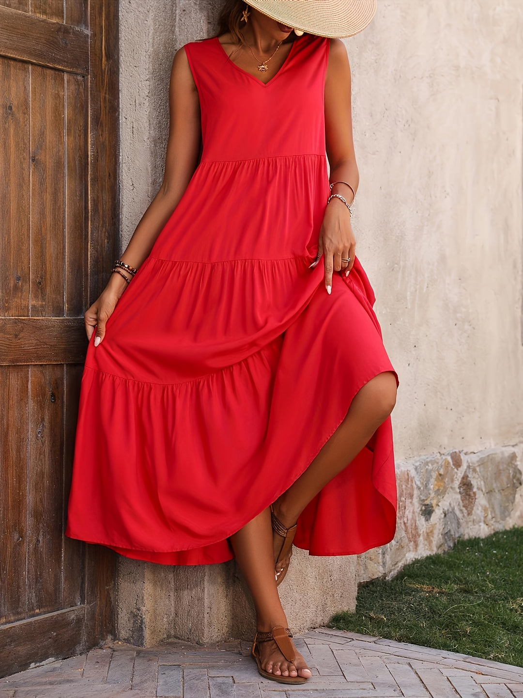 Losse Maxi Dress - Uitlopend Ontwerp & V-halslijn